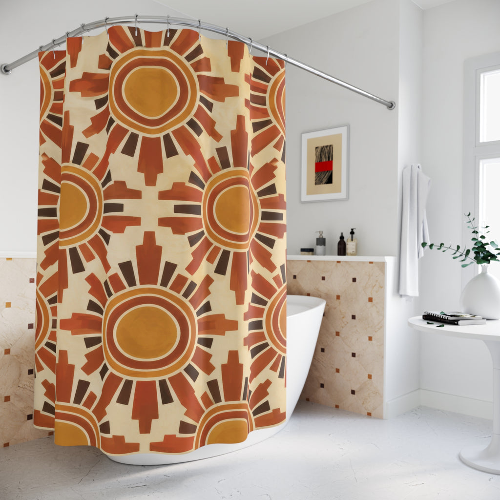 Ochre suns with terracotta rays on cream shower curtain beside a freestanding tub