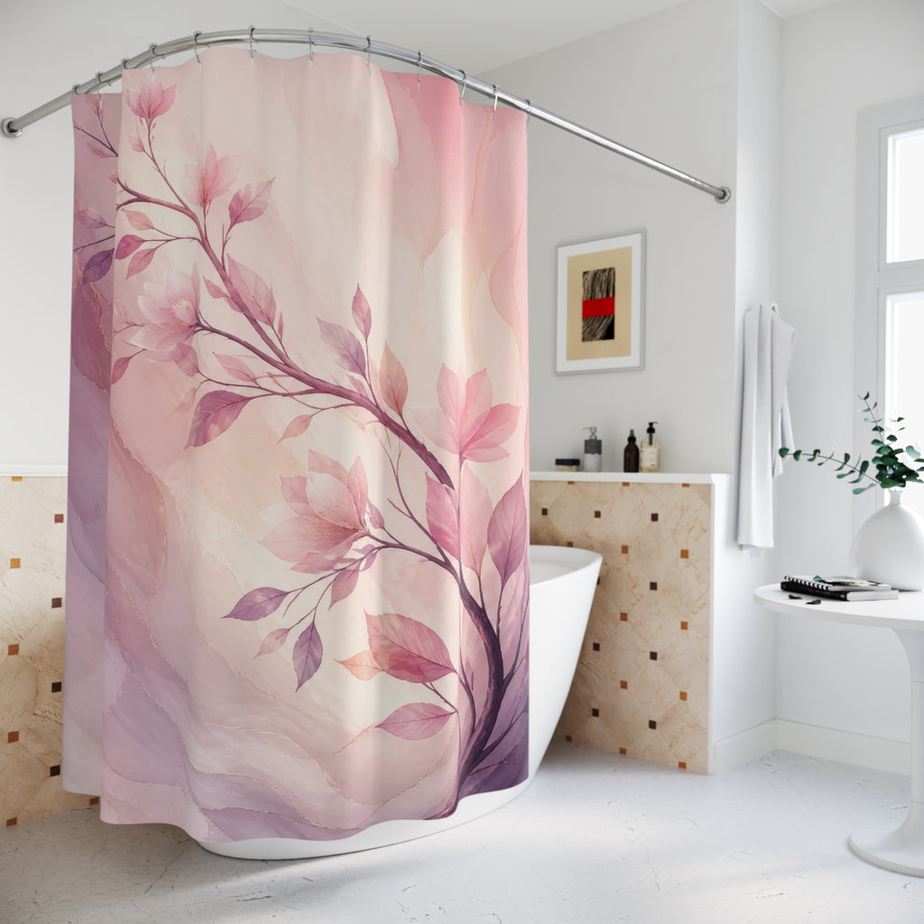 Blush and lilac watercolor branch sweeping across an airy field shower curtain beside a freestanding tub