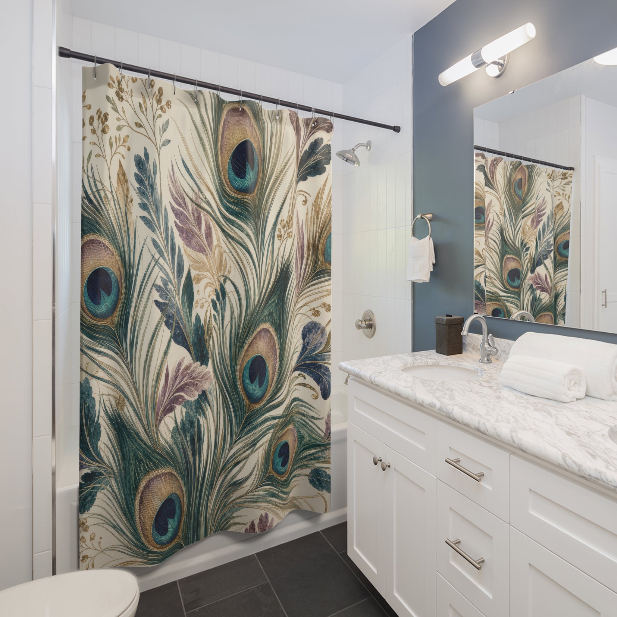 Blue Green Feather Botanical Peacock Shower Curtain