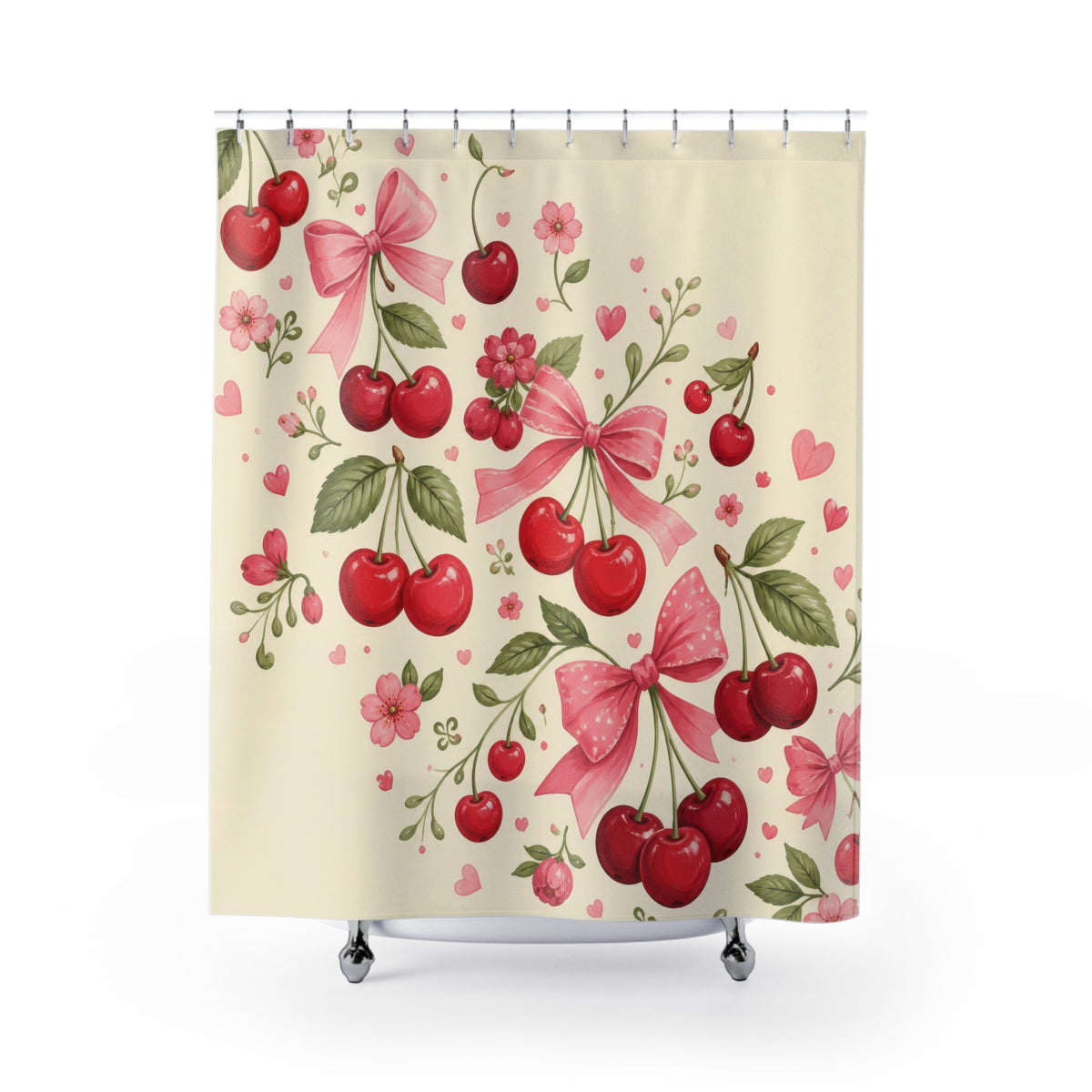 Red cherry clusters and pink bows sweeping across cream shower curtain with full front view