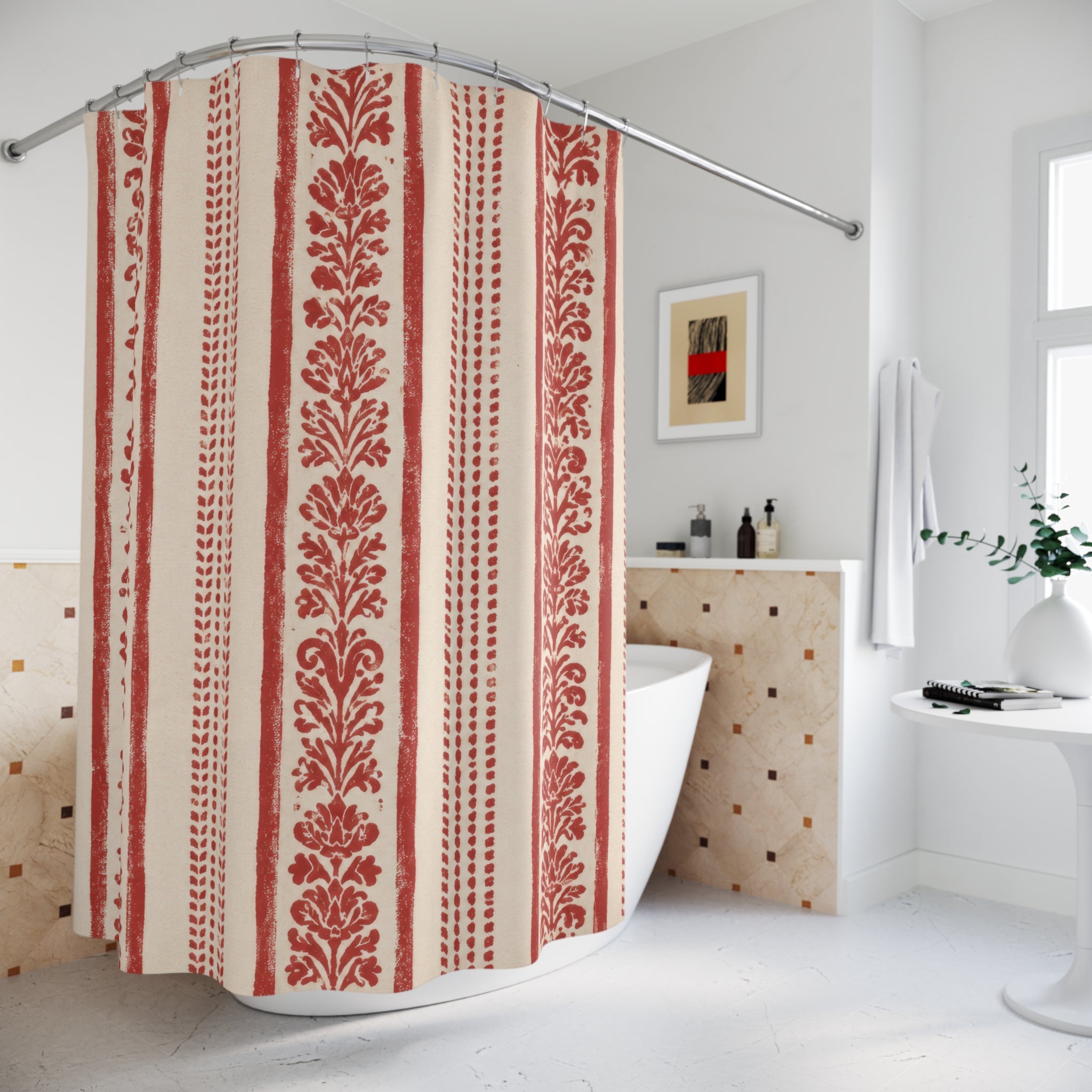 Red White Floral Block Print Shower Curtain
