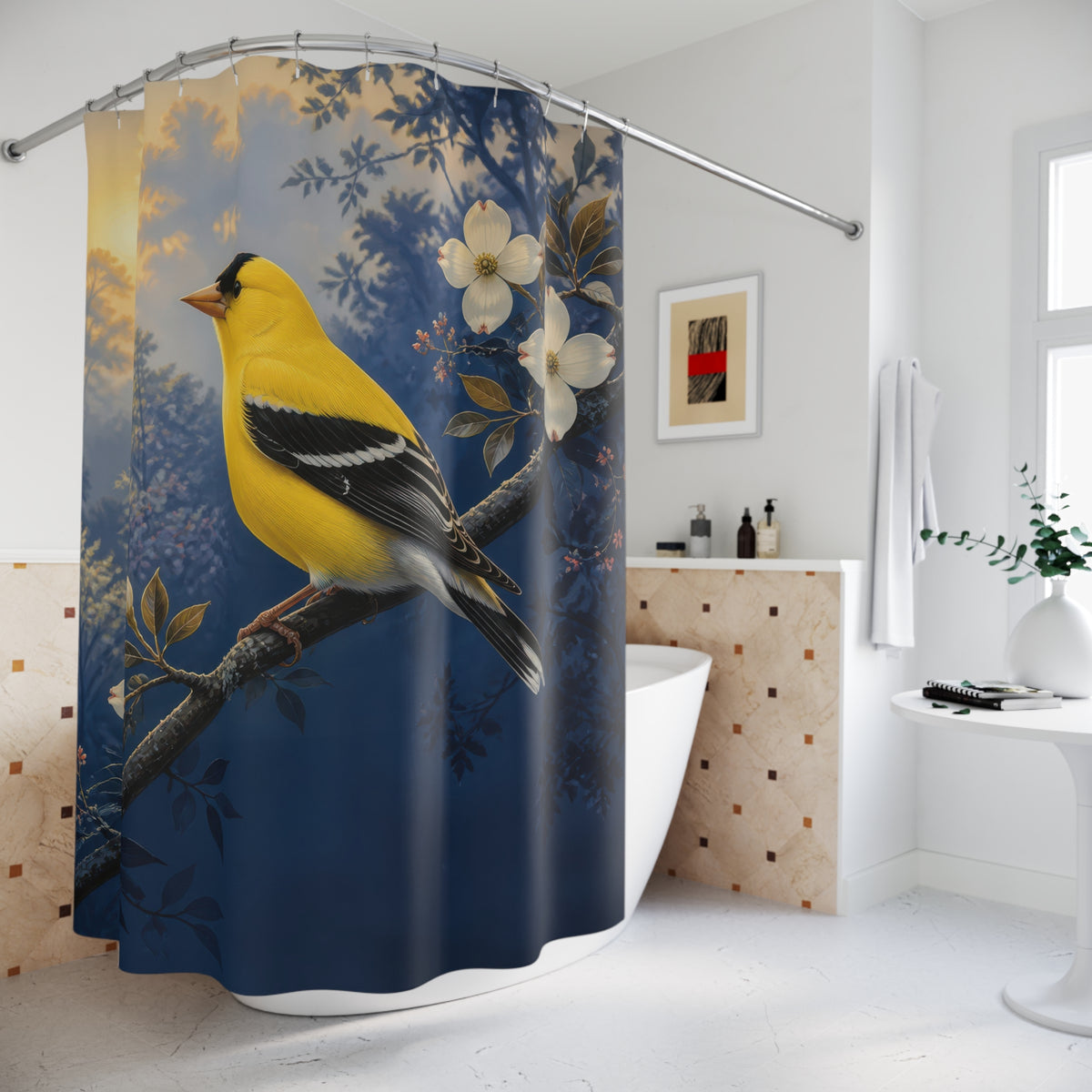 Golden yellow songbird on an indigo branch shower curtain beside a freestanding tub