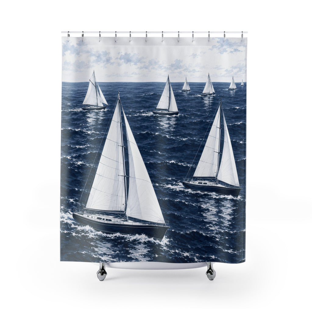White-sailed yachts crossing a navy sea beneath pale clouds shower curtain with full front view