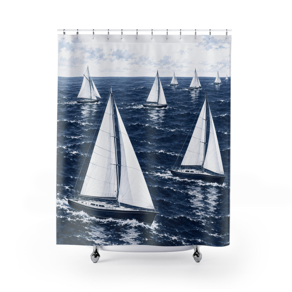 White-sailed yachts crossing a navy sea beneath pale clouds shower curtain with full front view