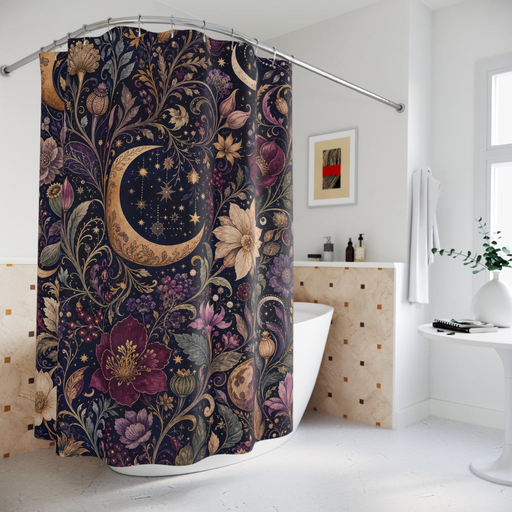 Unique Celestial Shower Curtain, Moon Floral Botanical Pattern, Purple Navy Star Decor, Moody Magical Guest Bath, Dark Floral Decor