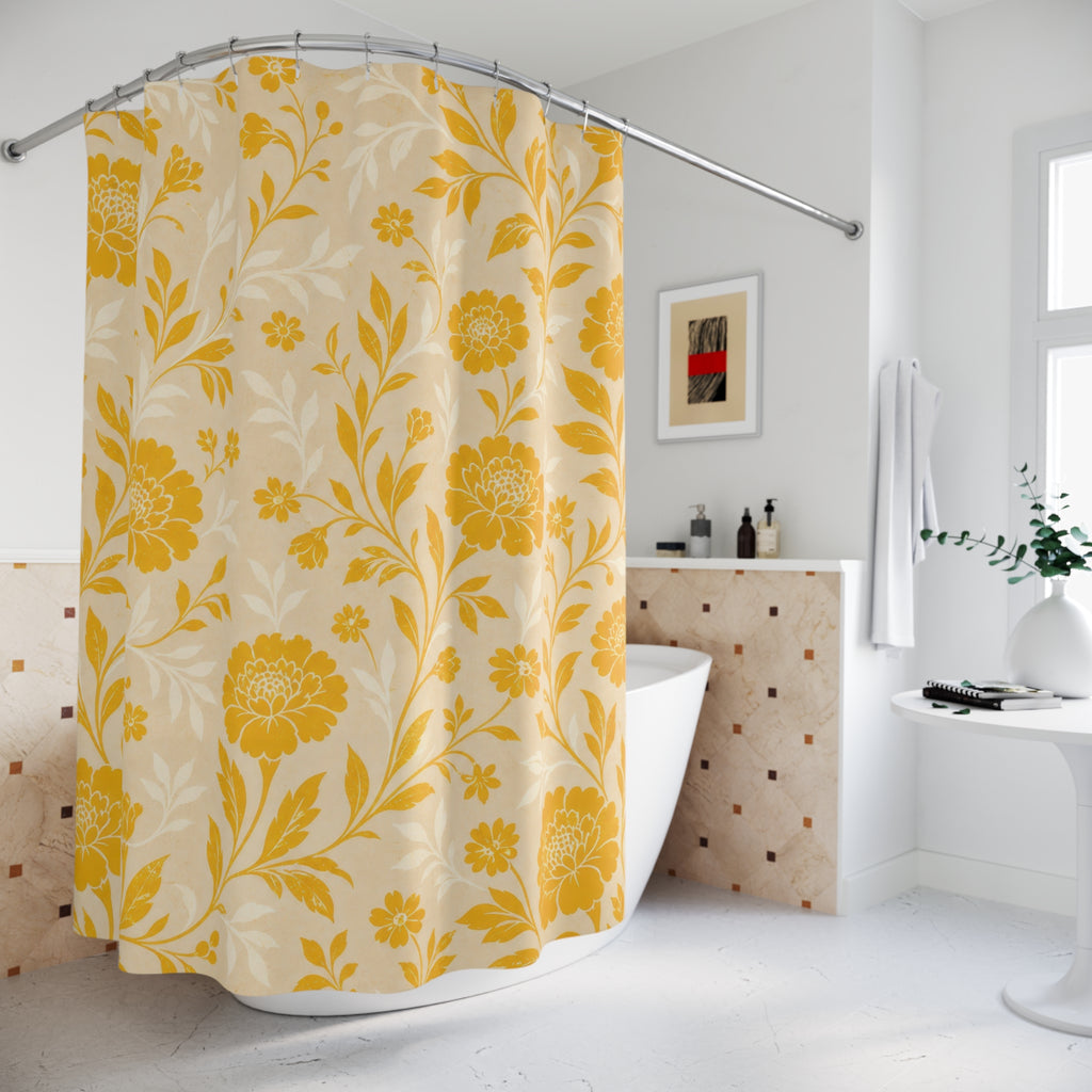 Beige Marigold Botanical Yellow Floral Shower Curtain