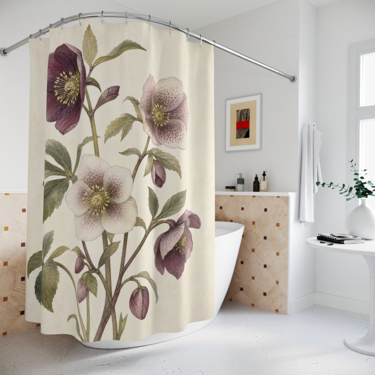 Soft Plum Purple Botanical Floral shower curtain beside a freestanding tub