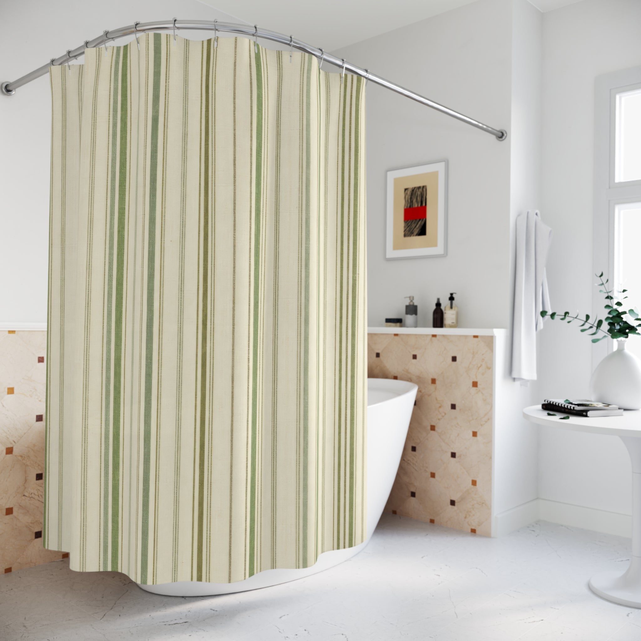 Sage Green Beige Ticking Stripe Shower Curtain