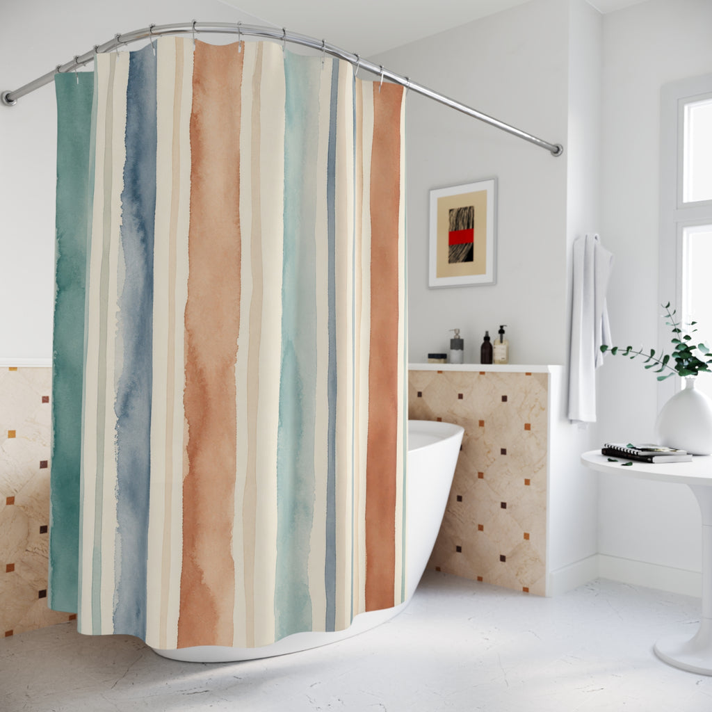 Teal Peach Vertical Stripe Shower Curtain
