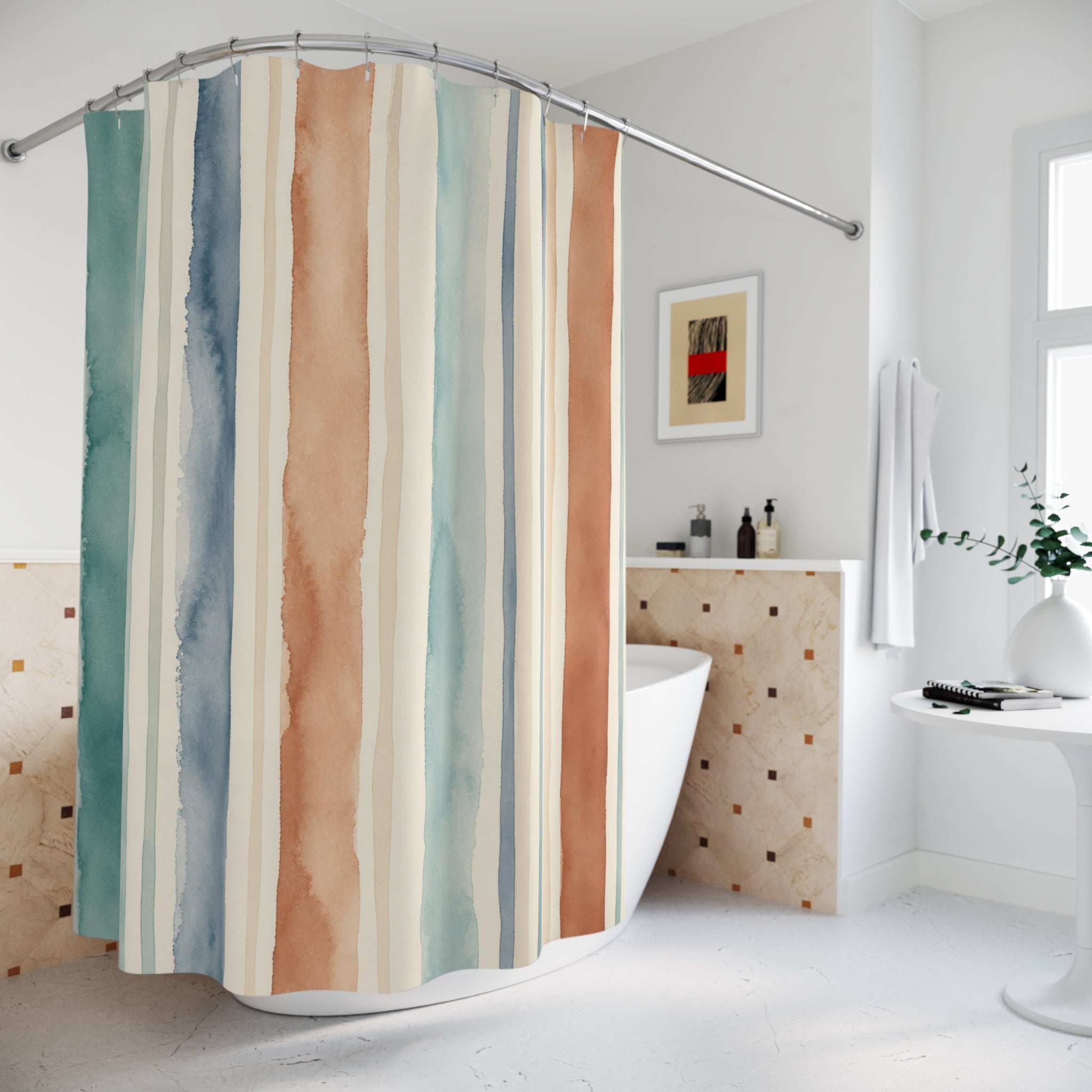 Teal Peach Vertical Stripe Shower Curtain