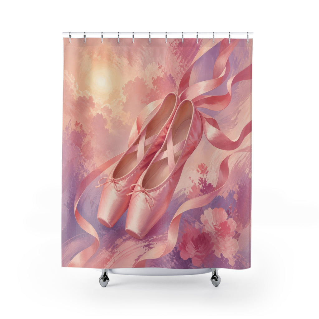 Blush ballet pointe shoes floating through pastel clouds shower curtain with full front view