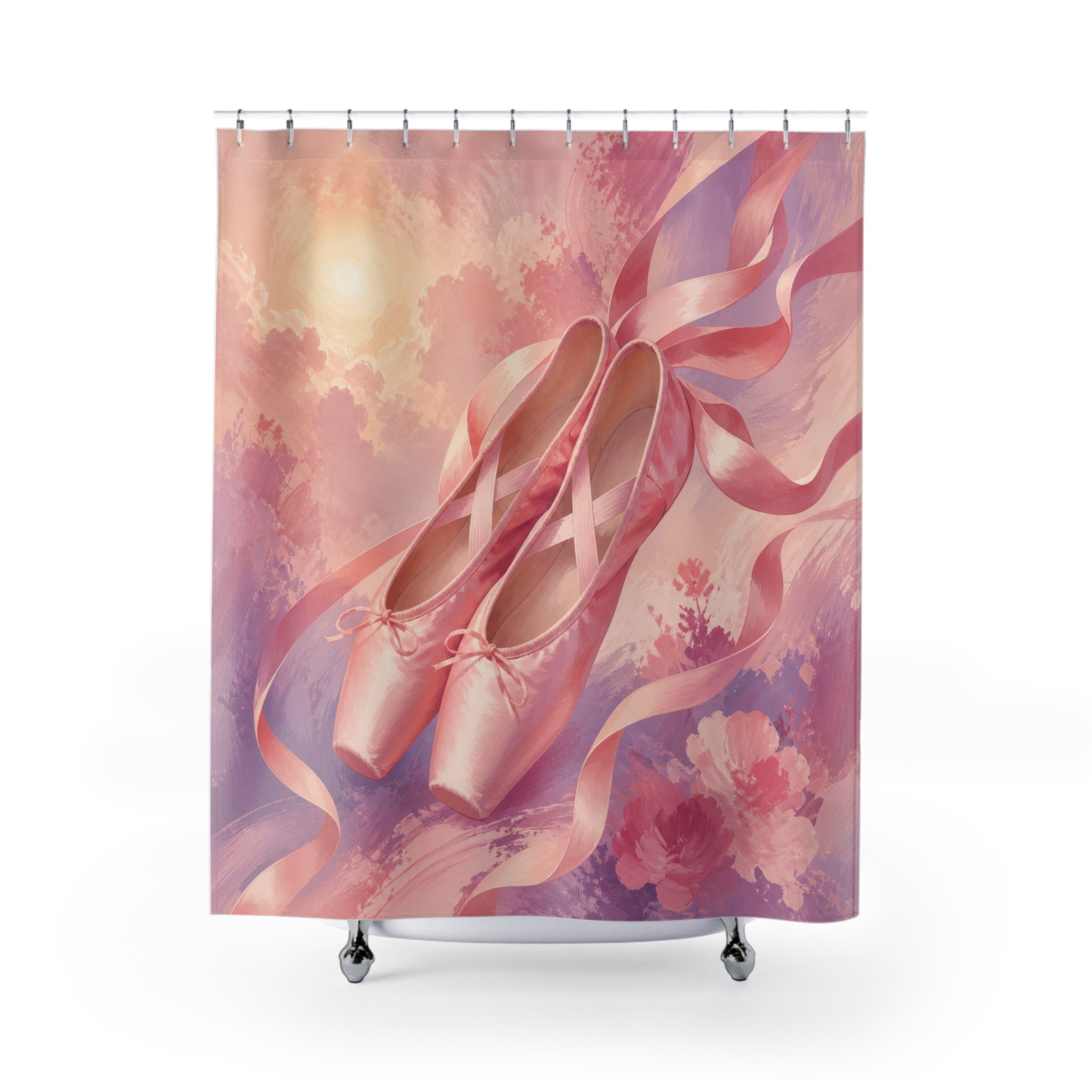 Blush ballet pointe shoes floating through pastel clouds shower curtain with full front view