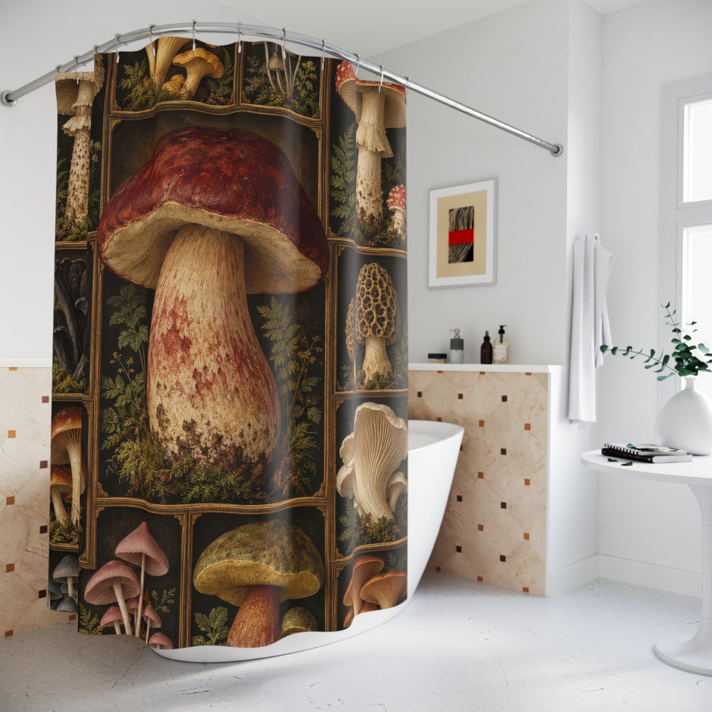 Vintage mushroom specimen grid in brown and ochre shower curtain beside a freestanding tub