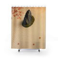 Charcoal stone and moss crescent in raked ivory gravel shower curtain with full front view