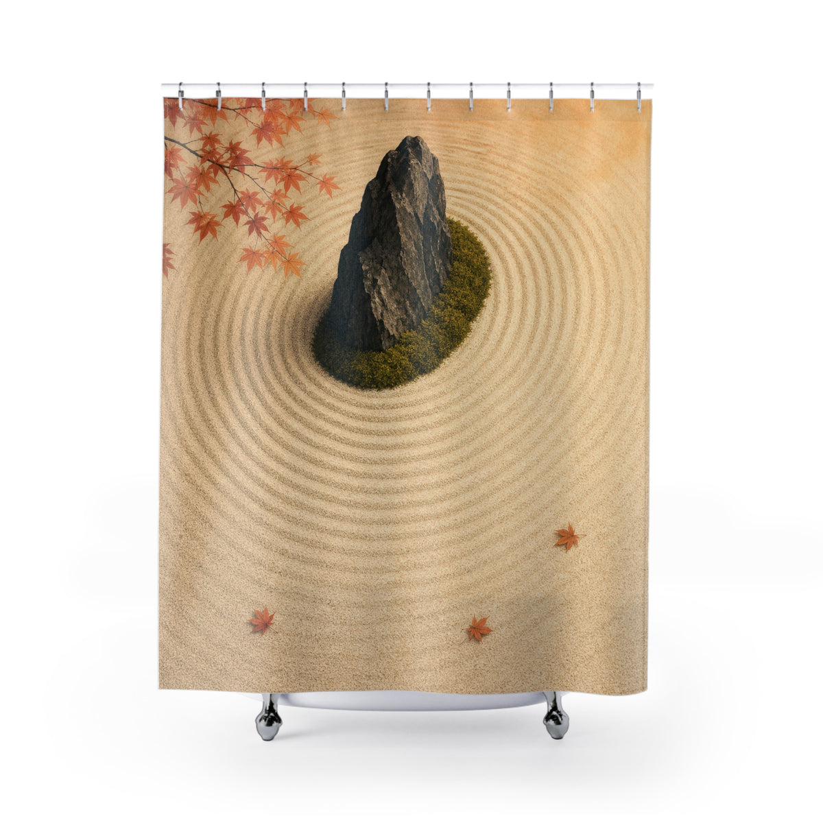 Charcoal stone and moss crescent in raked ivory gravel shower curtain with full front view