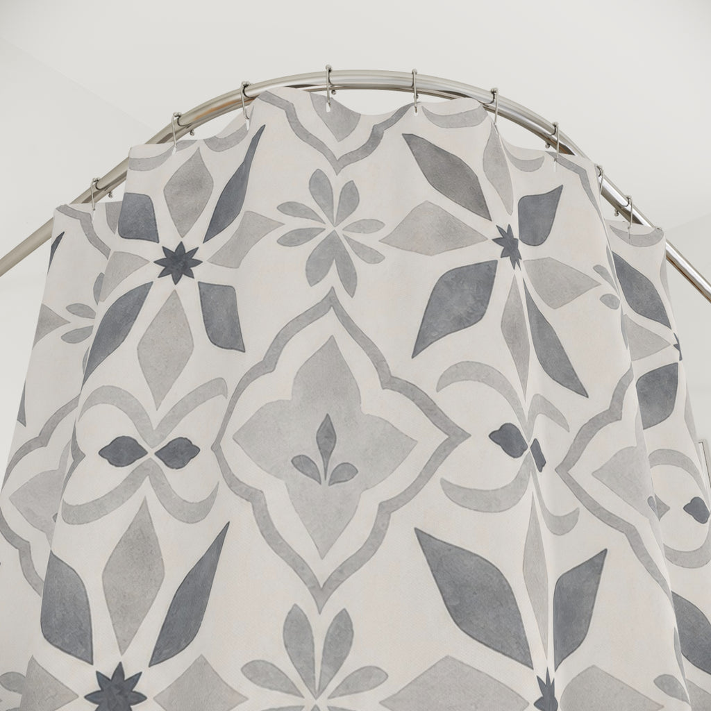 Grey White Tile Flower Shower Curtain