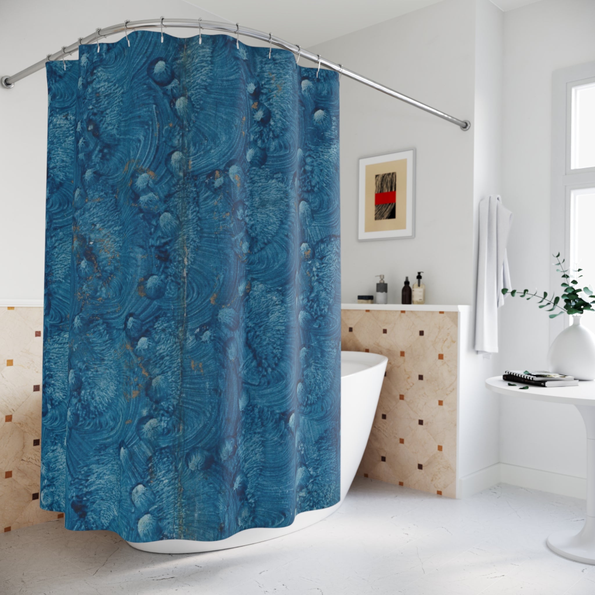 Indigo Painterly Shower Curtain – Navy Brushstroke
