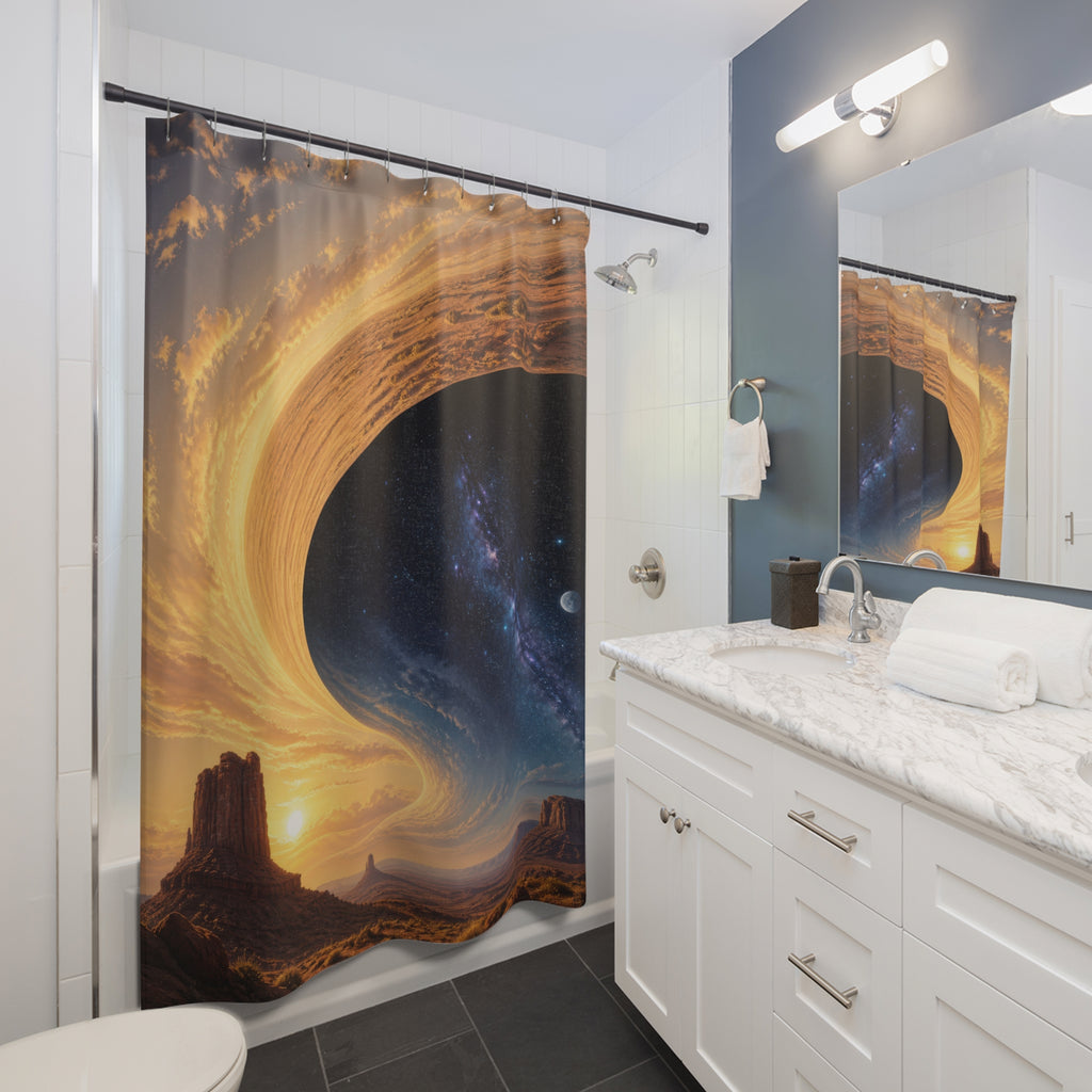 Golden cosmic portal above desert mesas shower curtain beside a white vanity