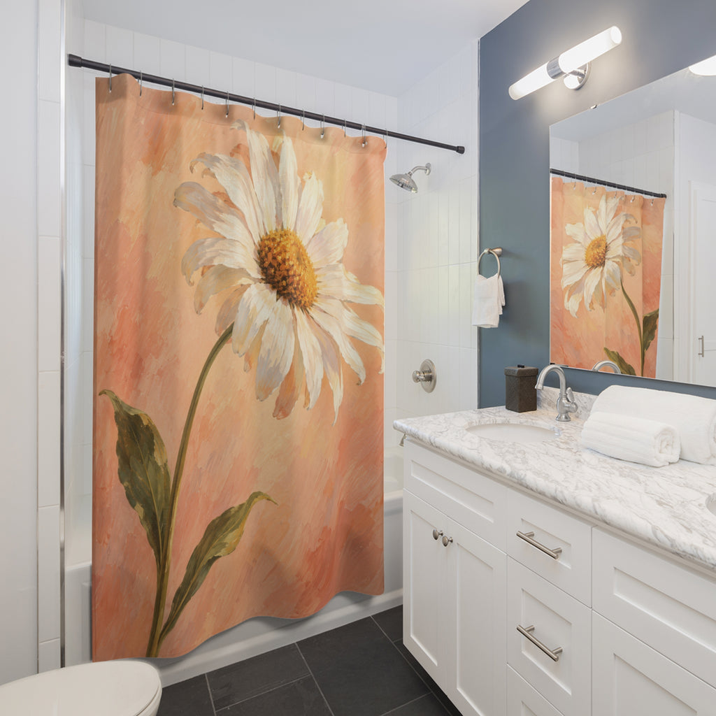 Peach field with one ivory daisy shower curtain beside a white vanity