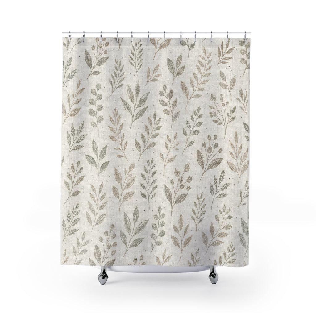White Green Leaf Farmhouse Shower Curtain