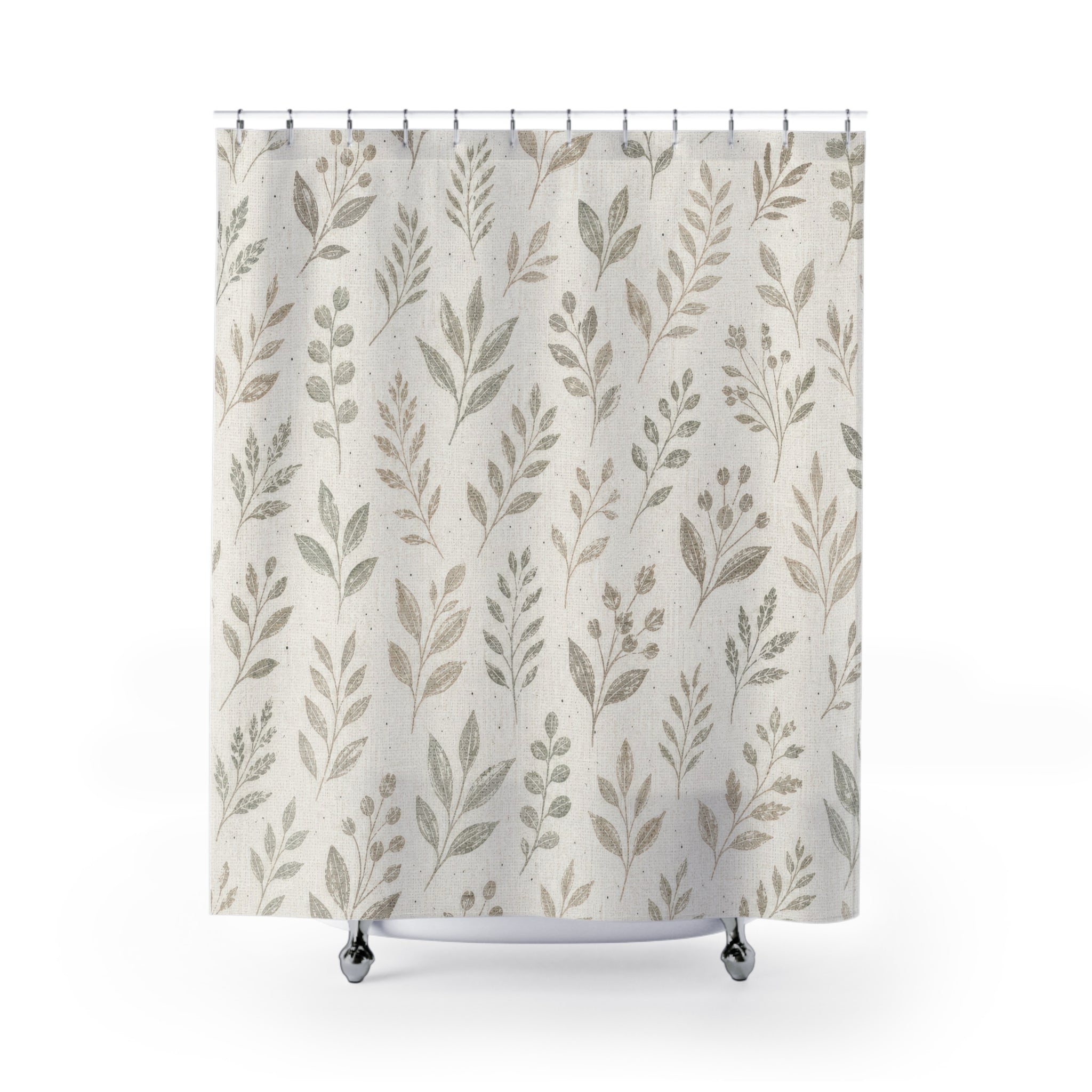 White Green Leaf Farmhouse Shower Curtain