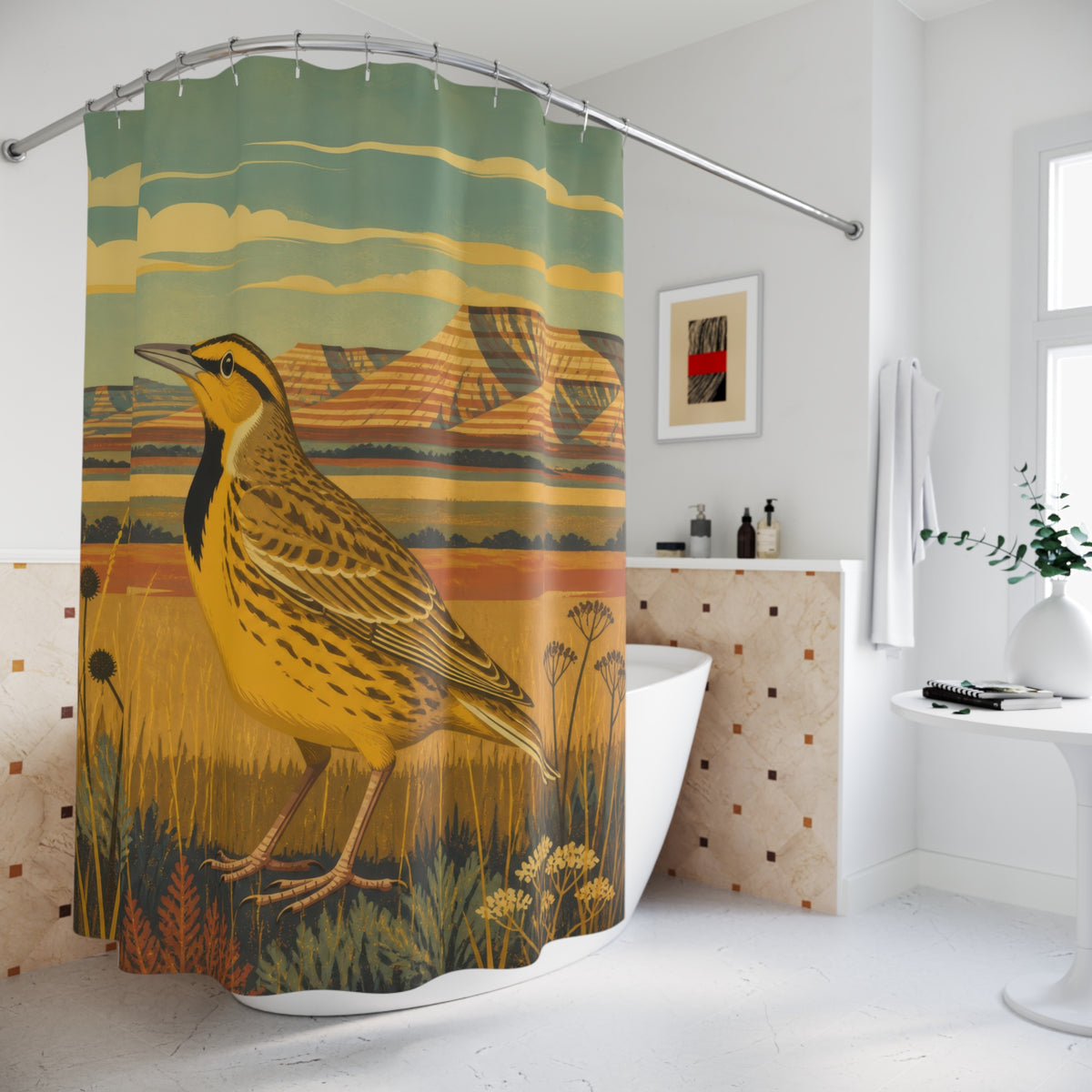 Golden yellow meadow bird before layered hills shower curtain beside a freestanding tub