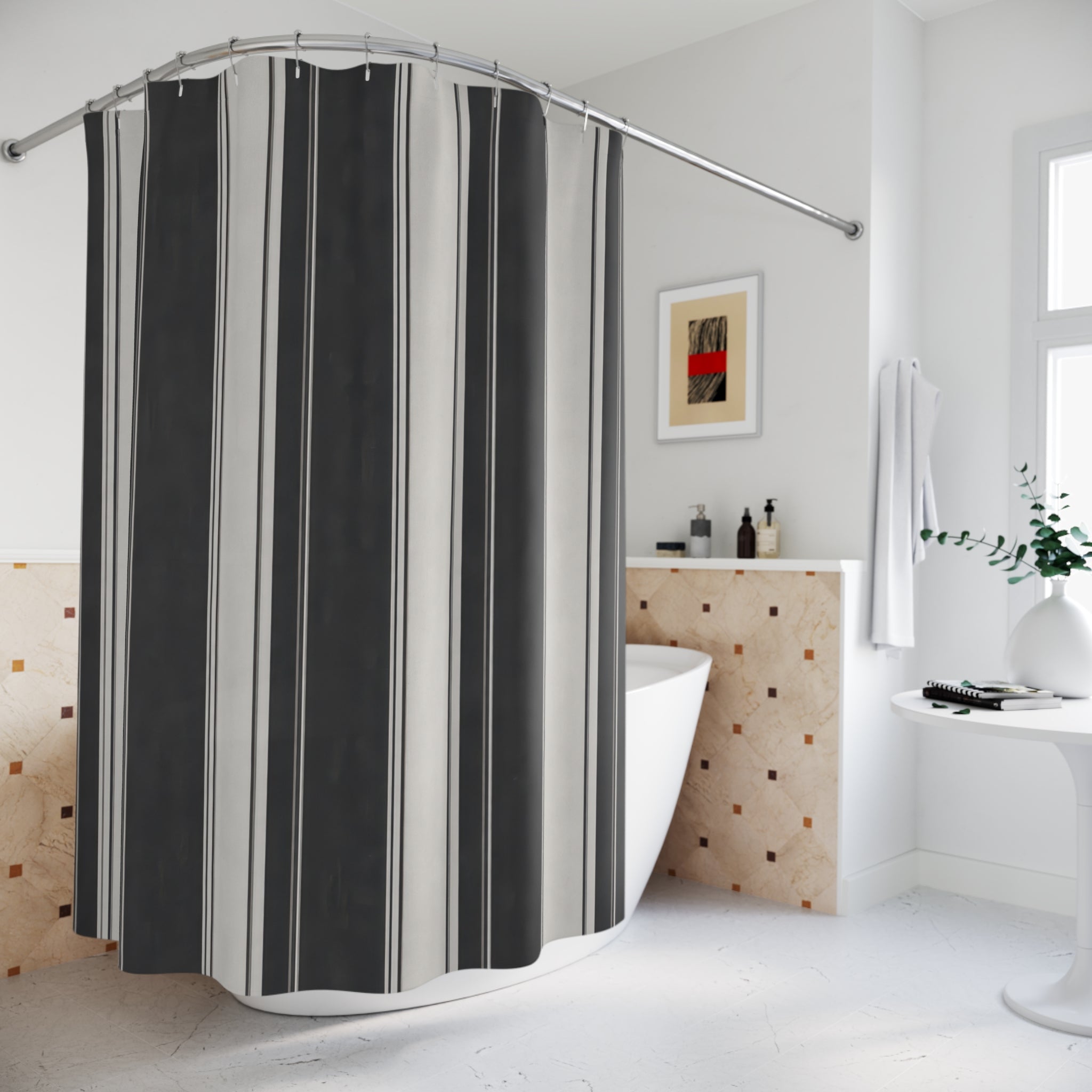 Black Grey Awning Shower Curtain, Black Charcoal Classic Bathroom Decor, Awning Stripe Bath Curtain, Guest Bath Decor, Small Bathroom Decor