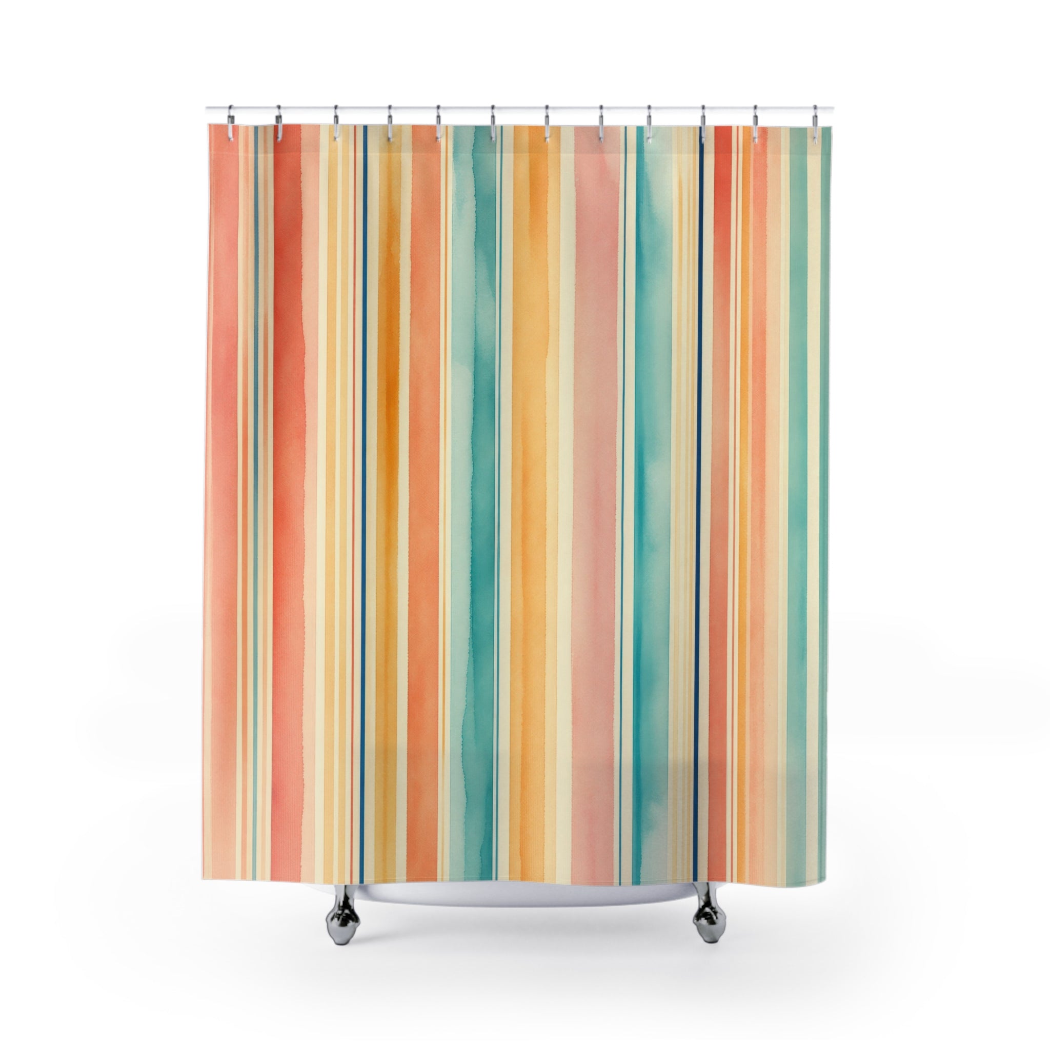 Coral Aqua Watercolor Stripe Shower Curtain
