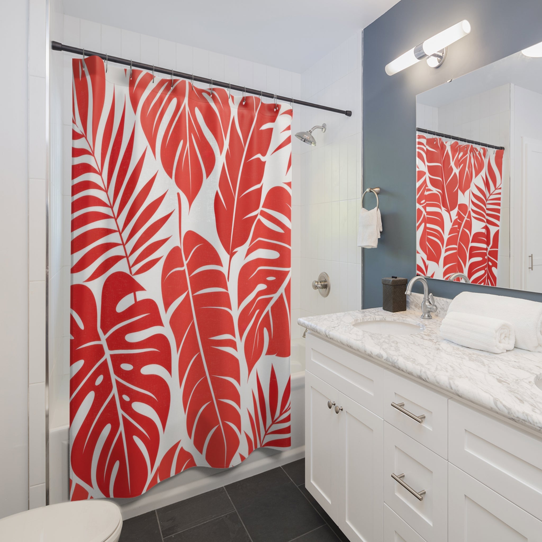 Red Tropical Leaf Shower Curtain, White Monstera Palm Pattern, Bold Botanical Bath Decor, Modern Jungle Guest Bathroom Accent, Spa Style