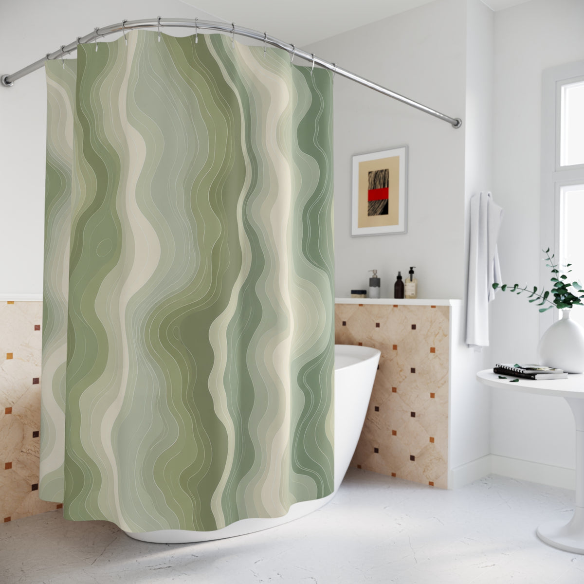 Sage green organic contour line pattern on an ivory ground shower curtain beside a freestanding tub