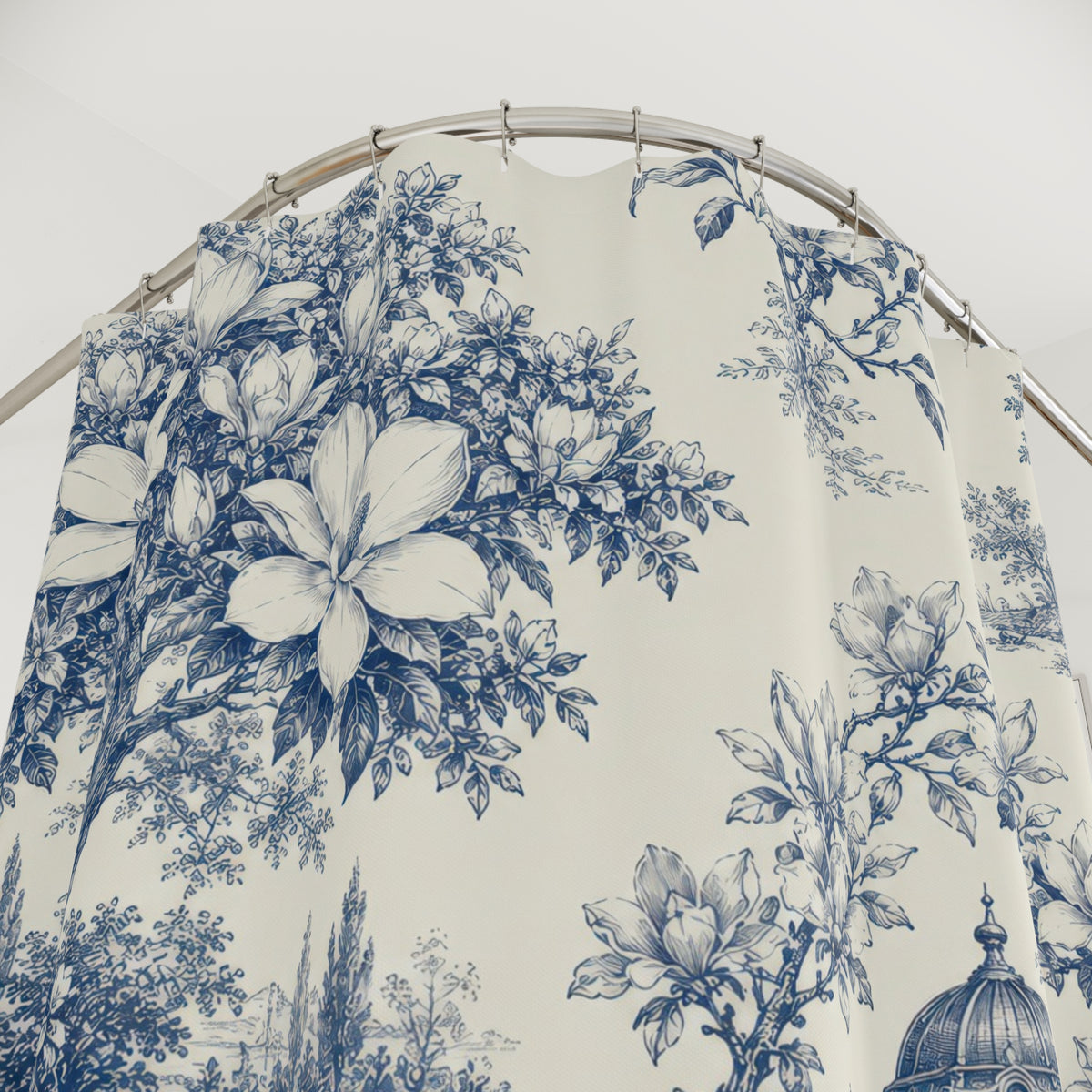 Blue and ivory magnolia garden toile with pavilion shower curtain with close-up print, hooks, and folds