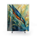 Jewel toned kingfisher diving through sapphire river reeds shower curtain, full front view