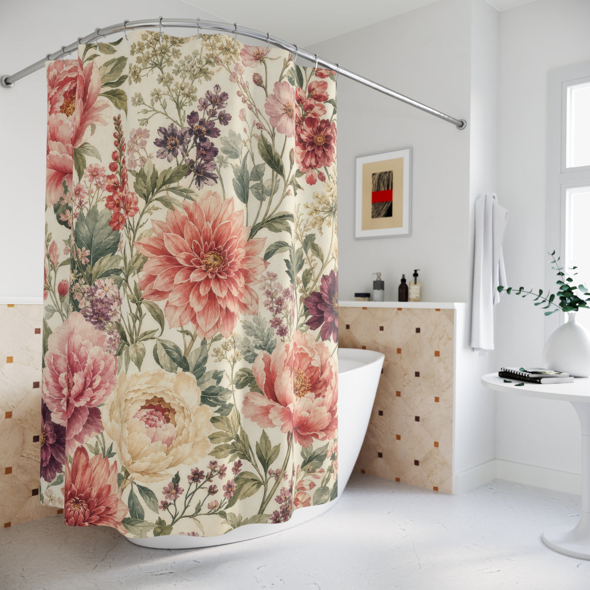 Pink Peony Garden Bouquet vintage shower curtain beside a freestanding tub