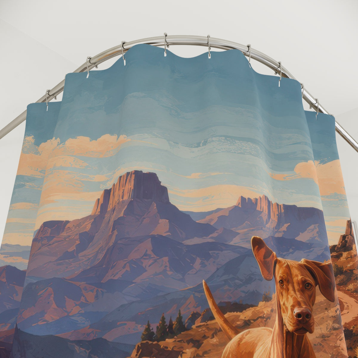 Canyon trail running Vizsla shower curtain with close-up print, hooks, and folds
