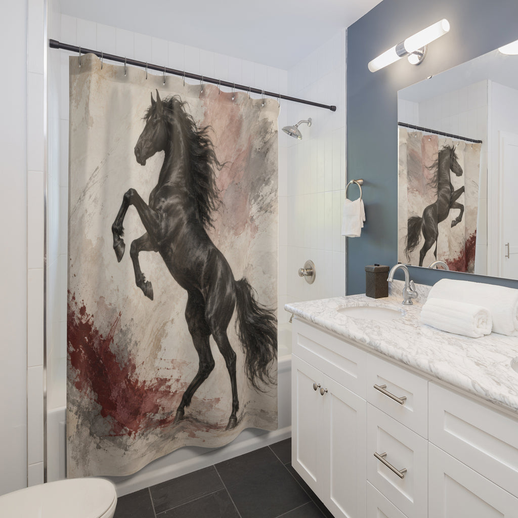 Rearing black horse with oxblood and pale stone brushwork shower curtain beside a white vanity