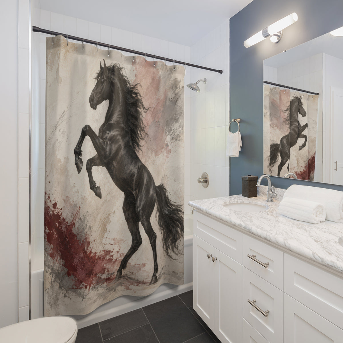 Rearing black horse with oxblood and pale stone brushwork shower curtain beside a white vanity