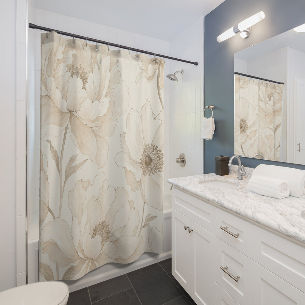 Cream Beige Line Flower Shower Curtain