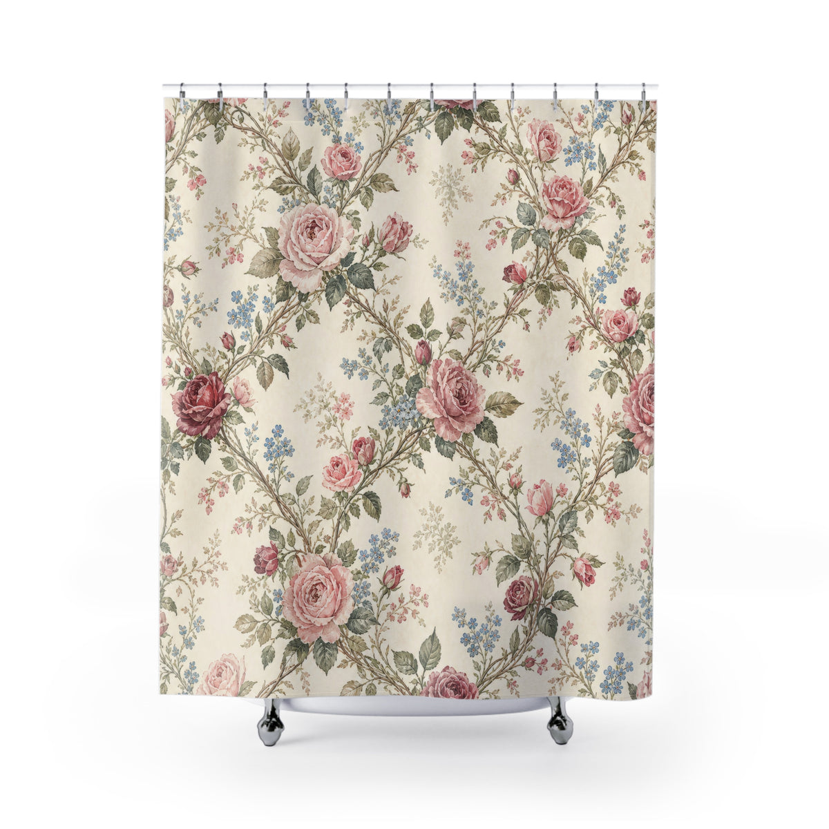 Vintage Floral Trellis rose pink shower curtain with full front view