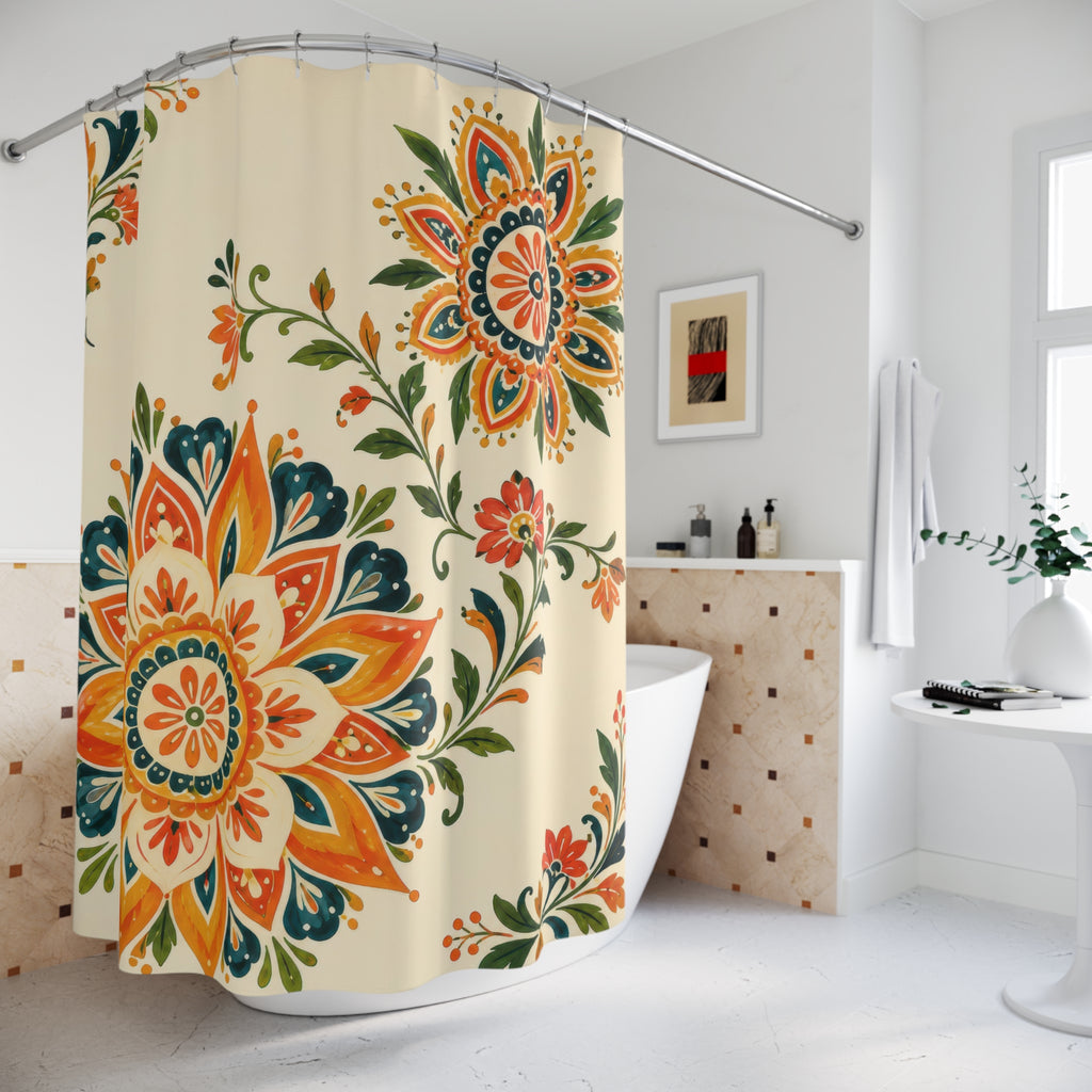 Twin floral sunbursts on warm cream shower curtain beside a freestanding tub