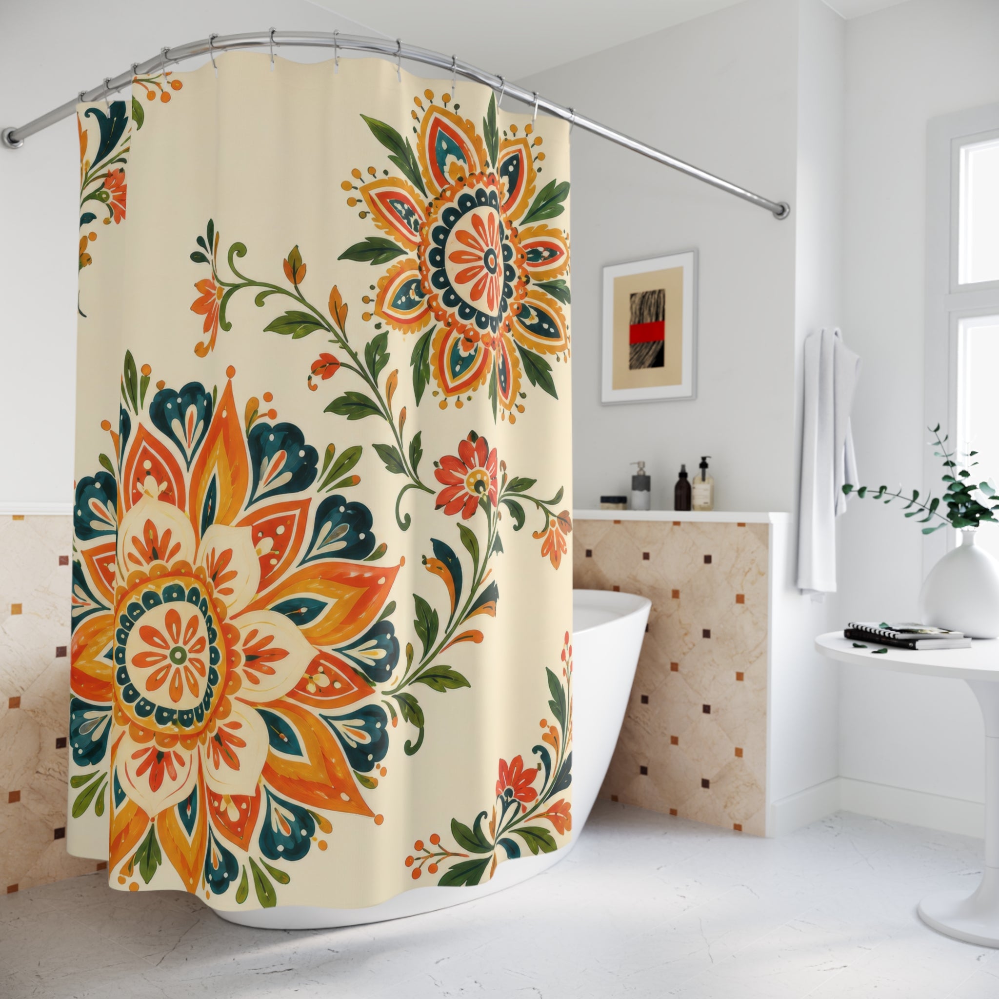 Twin floral sunbursts on warm cream shower curtain beside a freestanding tub