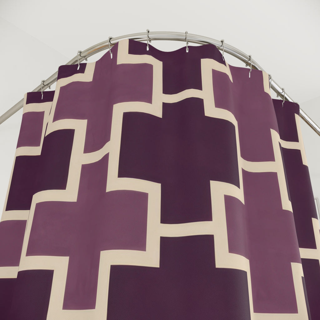 Plum crosses with cream outlines shower curtain with close-up print, hooks, and folds