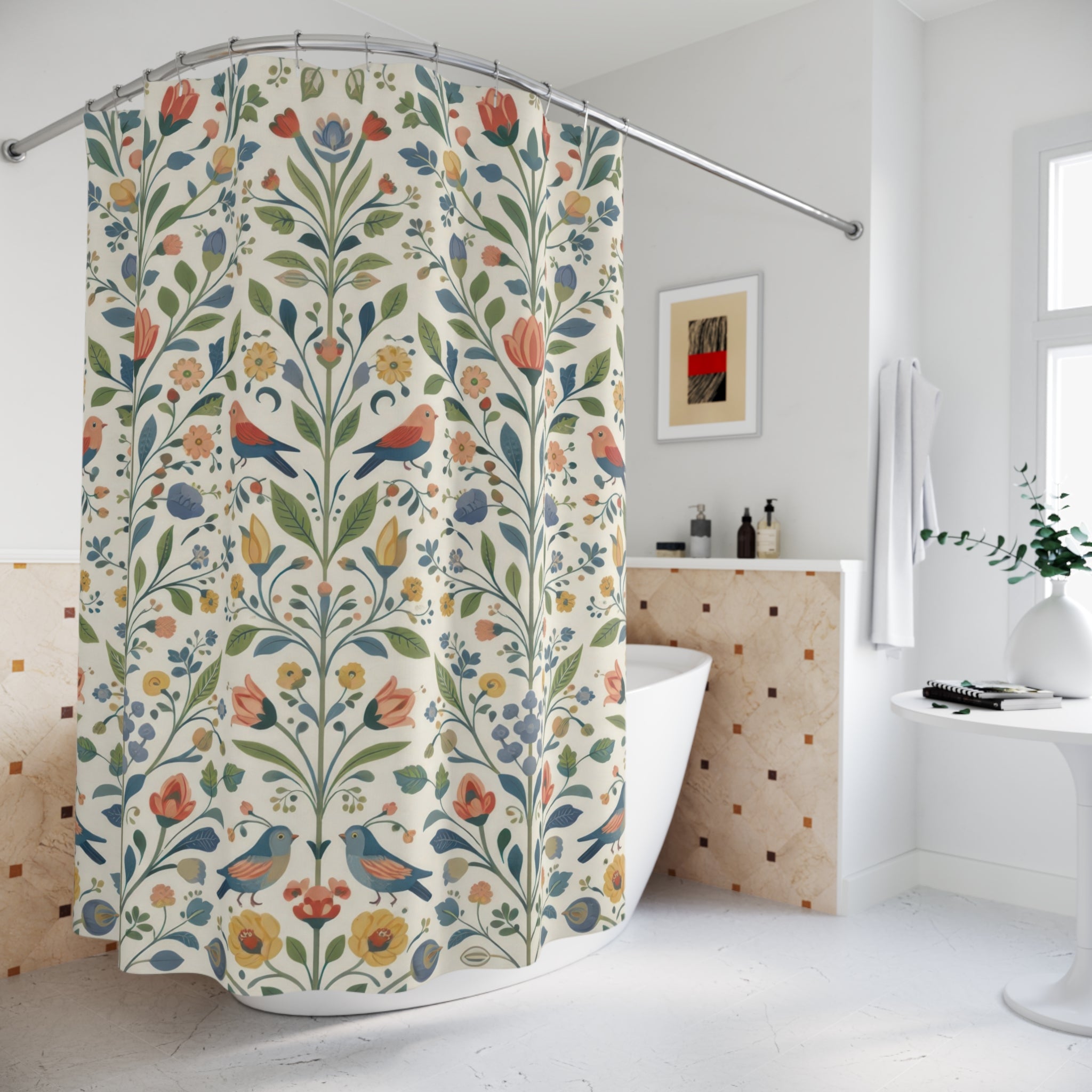 Scandinavian Folk Bird Shower Curtain – Blue and Coral
