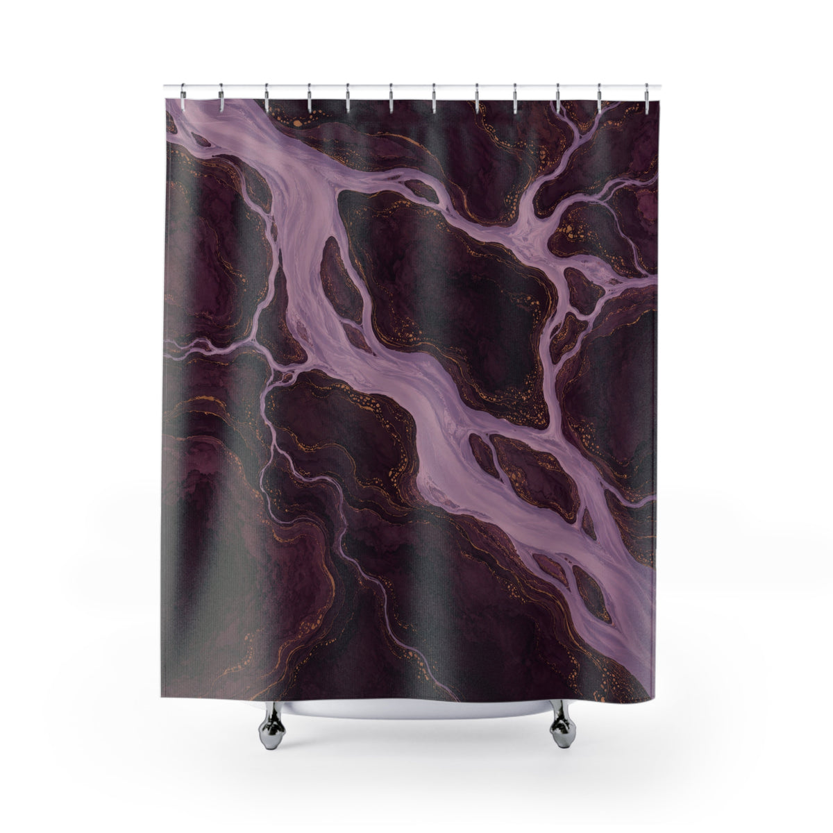 Lavender rivers around plum islands with ochre contours shower curtain with full front view