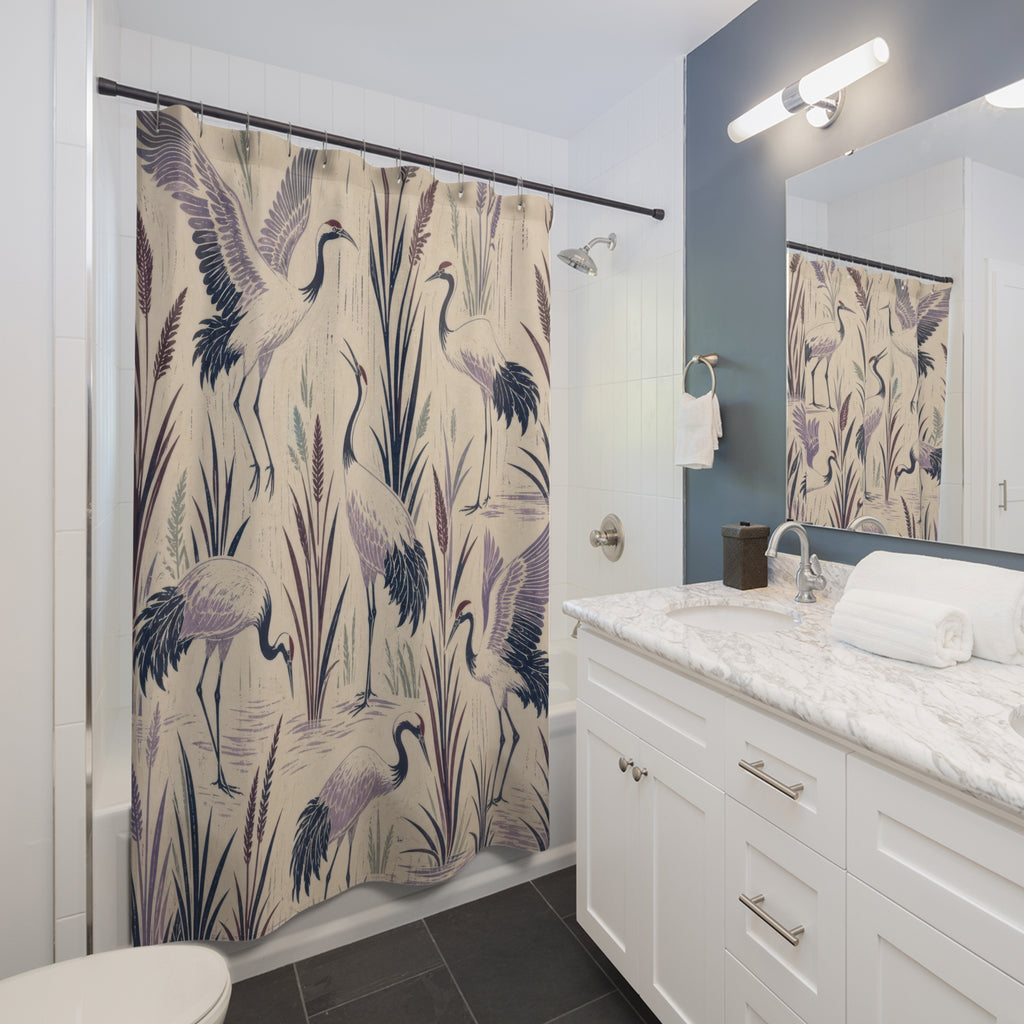 Lavender Crane Block Print Shower Curtain