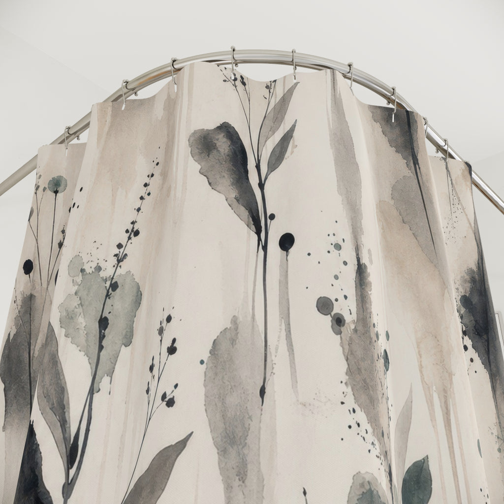 Black Botanical Shower Curtain, White Cream Floral Bath Decor, Gray Leaf Stem Pattern, Airy Minimal Soft Neutral Guest Bathroom Decor Style