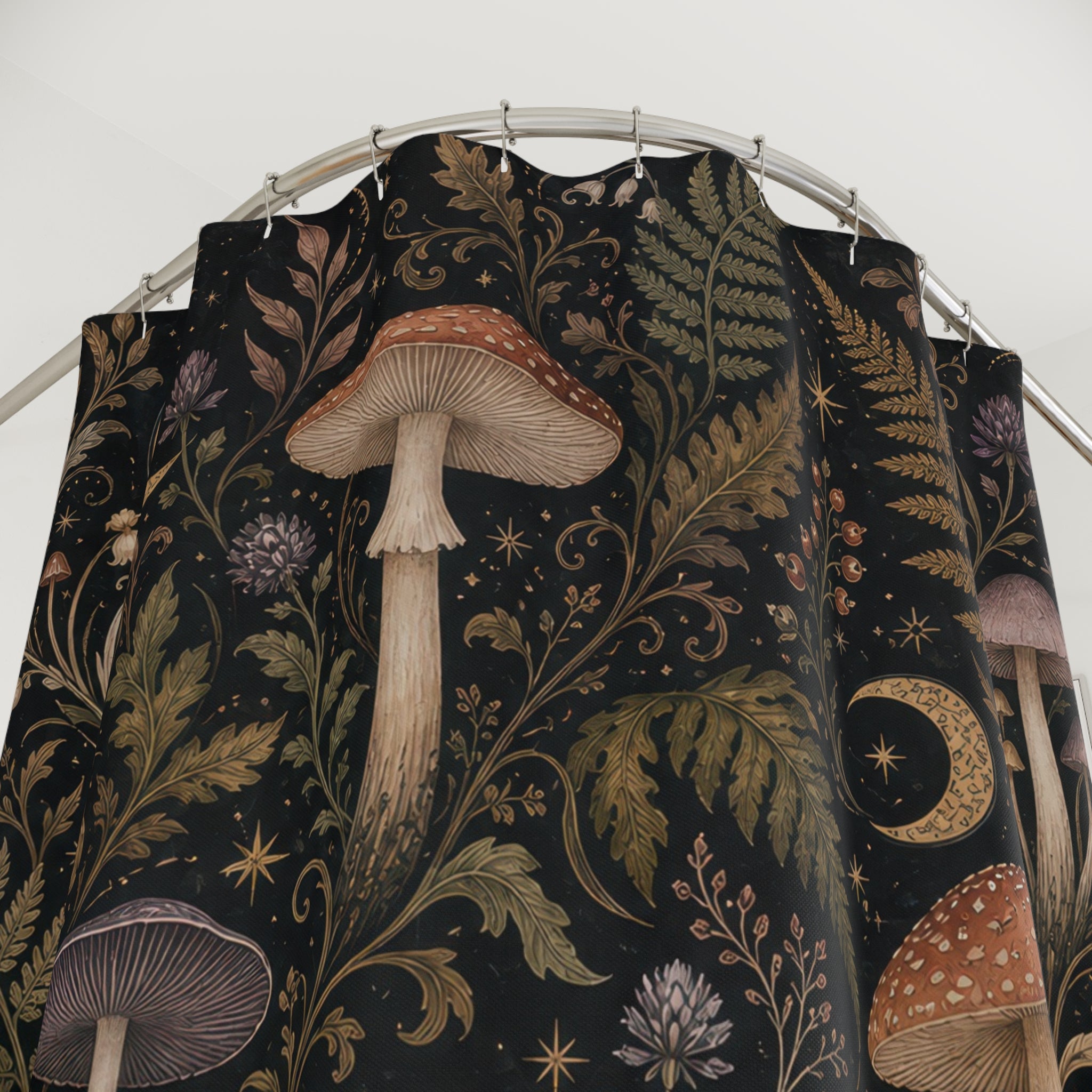 Dark Mushroom Shower Curtain, Black Woodland Bathroom Decor, Mushroom Botanical Bath Curtain, Moody Guest Bathroom Decor, Forest Bath Decor