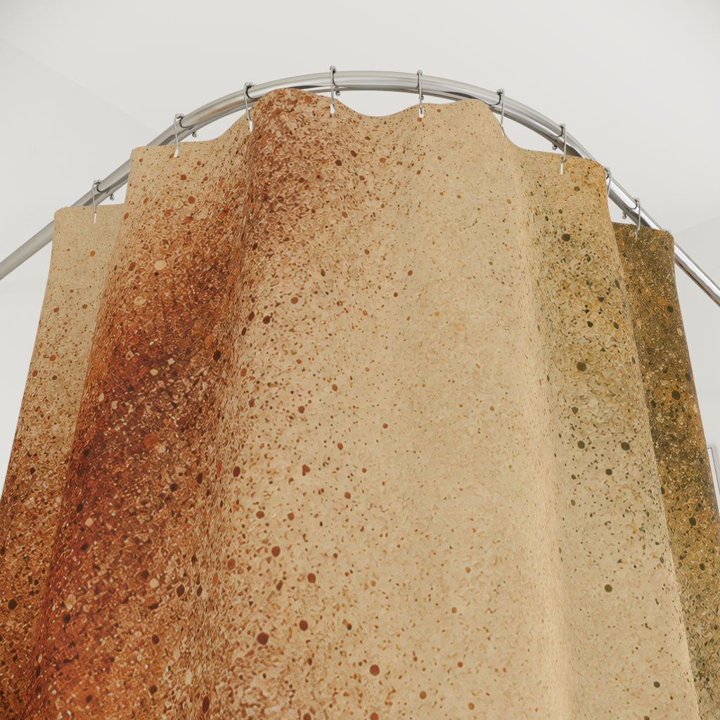 Rust and olive stippled clouds on warm sand shower curtain with close-up print, hooks, and folds
