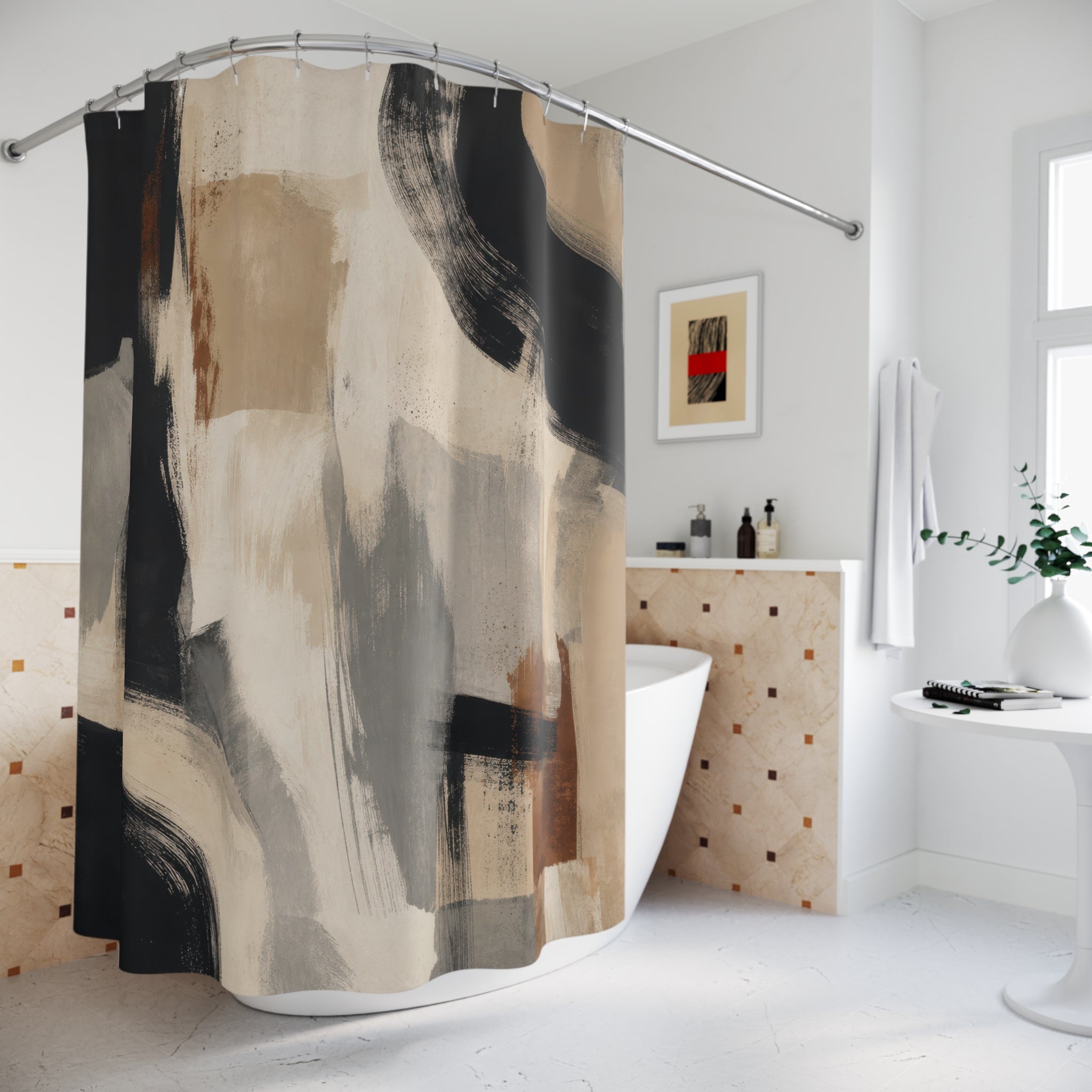 Beige Gray Abstract Brushstroke Shower Curtain