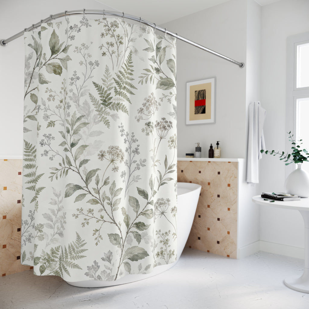 Green Grey Botanical Shower Curtain, Sage Green Nature Bathroom Decor, Botanical Floral Bath Curtain, Guest Bath Decor, Small Bathroom Decor