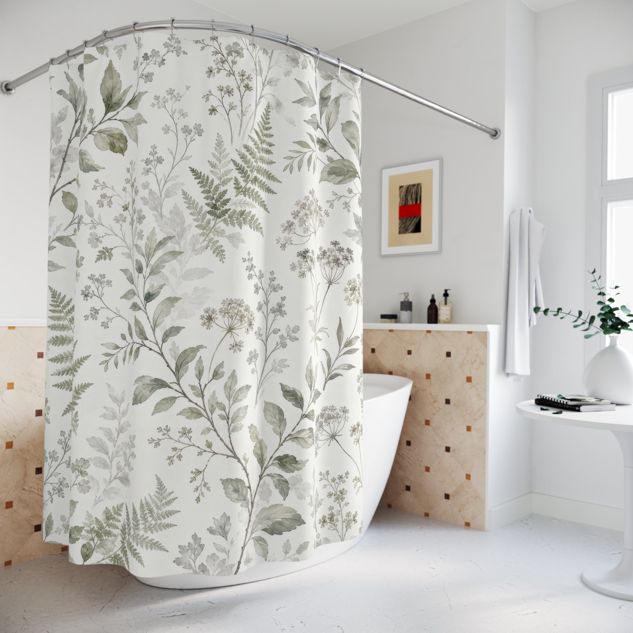 Green Grey Botanical Shower Curtain, Sage Green Nature Bathroom Decor, Botanical Floral Bath Curtain, Guest Bath Decor, Small Bathroom Decor